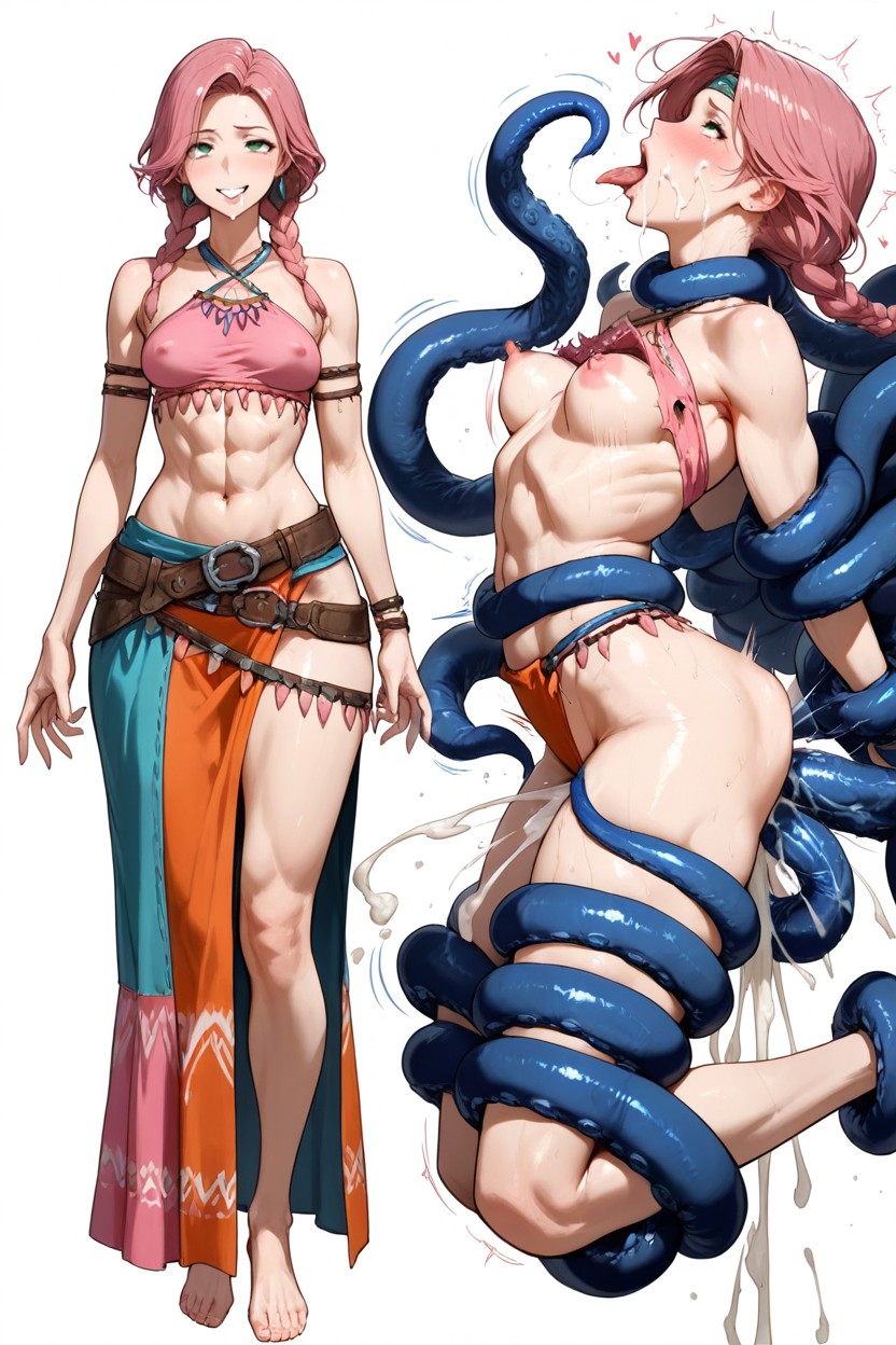 Abs, Pure White Background, Orange Layered Asymmetrical Skirt Hentai AI Porn