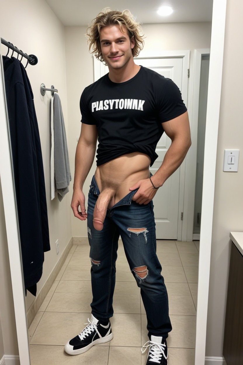 Taking A Selfie With His Phone Held Up High, Tanned Skin, Side View AI Gay Porn