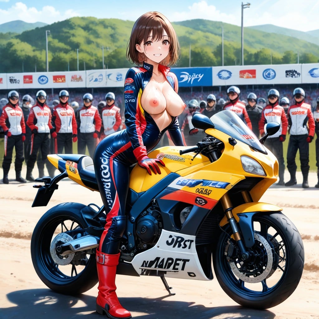 Both Hands On Dirt Bike Handle Bar, Cinematic, Looking At Viewer Hentai AI Porn