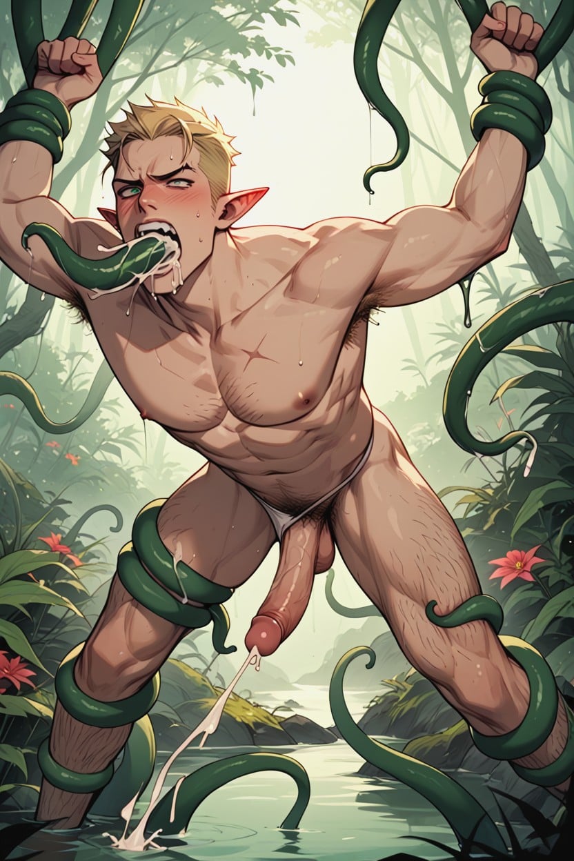 Plant Tentacle Mouth Sucking His Cock, Back Arched, Long Tentacle In His Ass And Mouth AI Porn