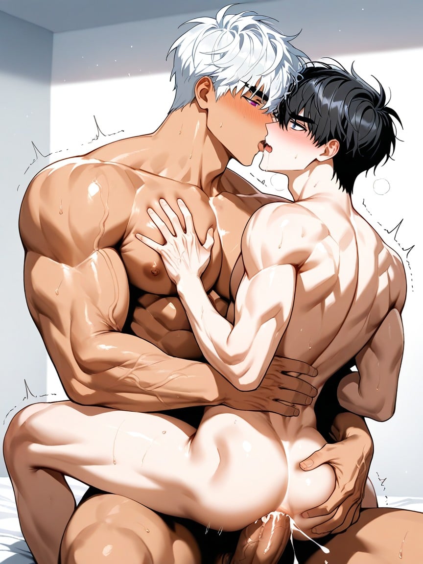 Black Haired Red Eyed Man On Bottom, Bangs Slightly Swept To The Sides, Shaking AI Gay Porn