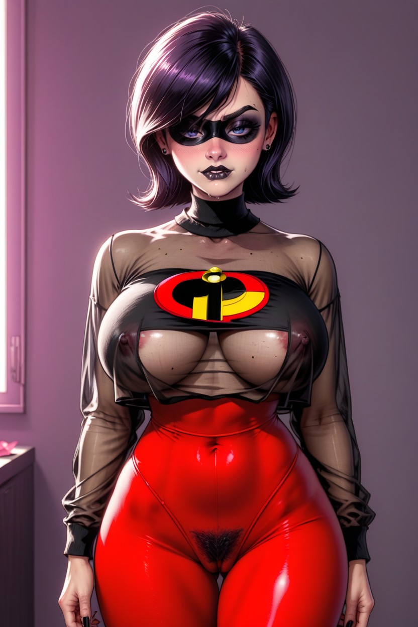 Eyes Visible Under Blindfold, Black Lipstick, Shorthair AI Porn
