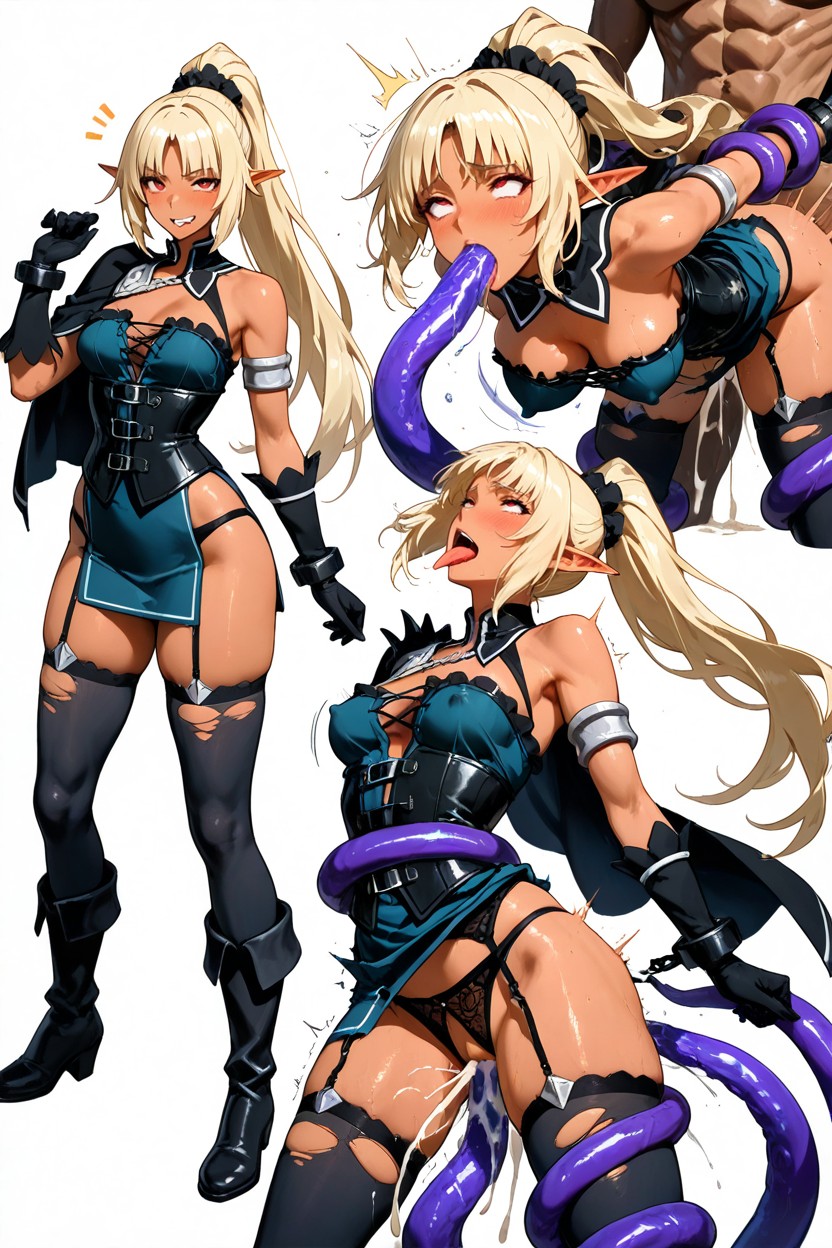Dark Skin Elf, Tentacles Under Clothes; Insanely Long Legs, 1 Person Hentai AI Porn