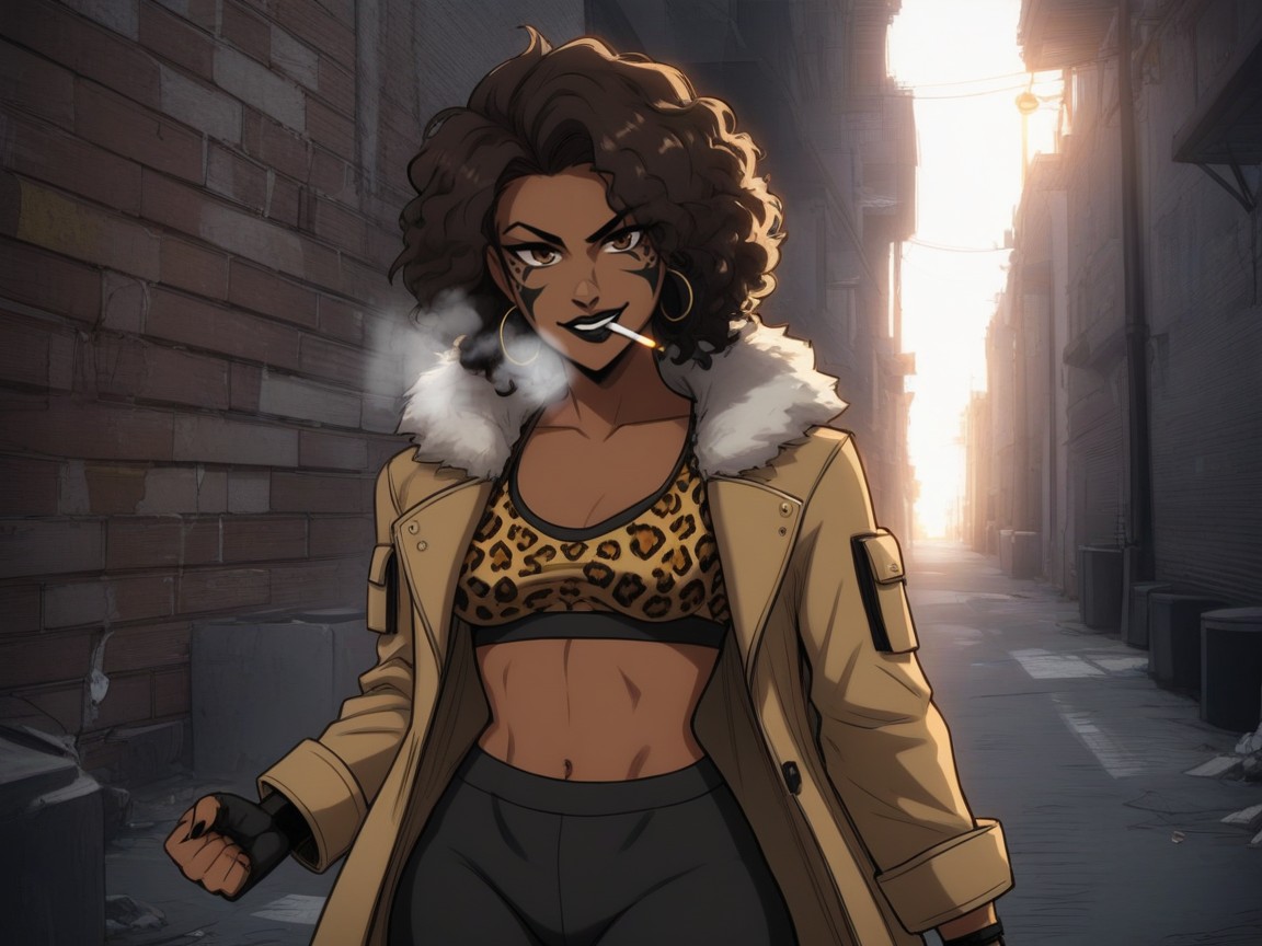 Fighting Stance, City Alley Lighting, Leopard Print Cropped Top Latina AI Porn