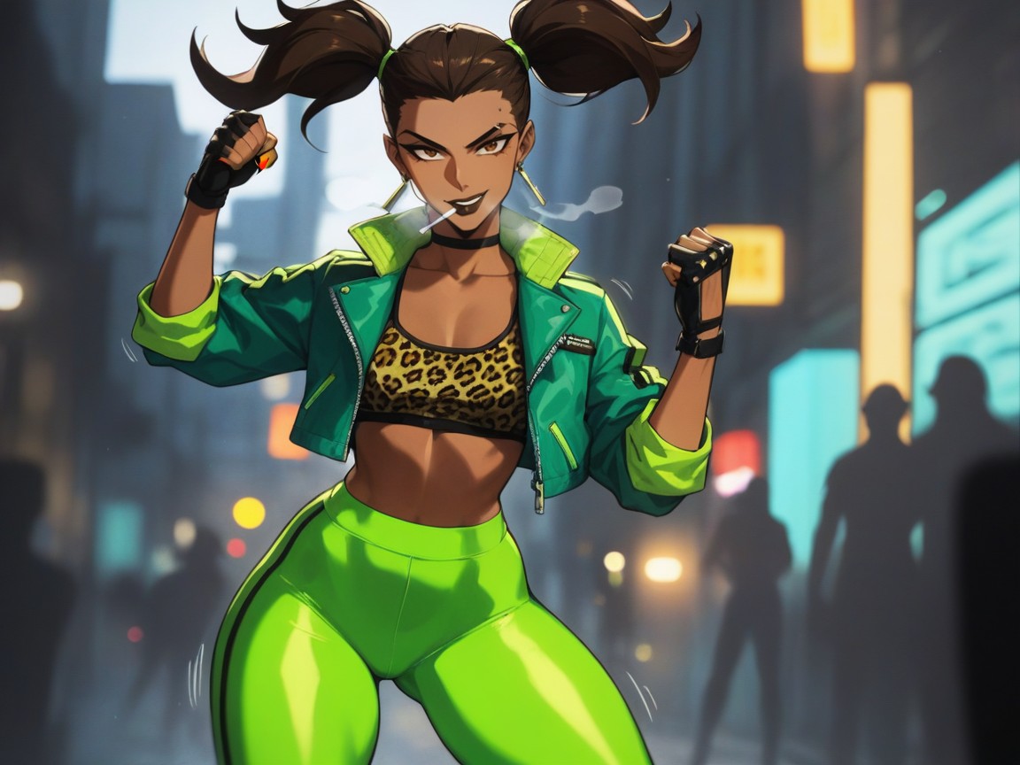 Brunette, Light Green Leopard Print Cropped Top, Gapped Thighs Hentai AI Porn
