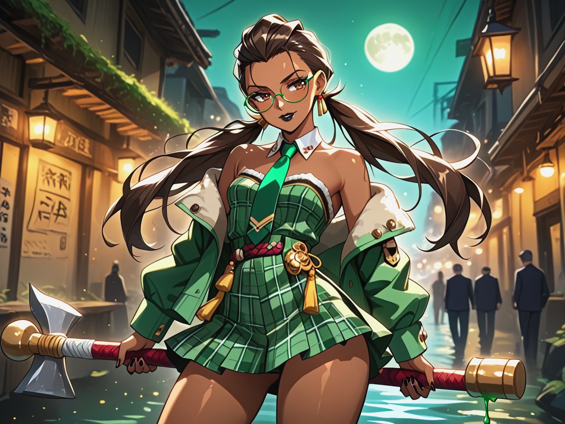 Sloped Shoulders, Dark Brown Skin, Wearing Green Plaid Modern Clothes AI Porn