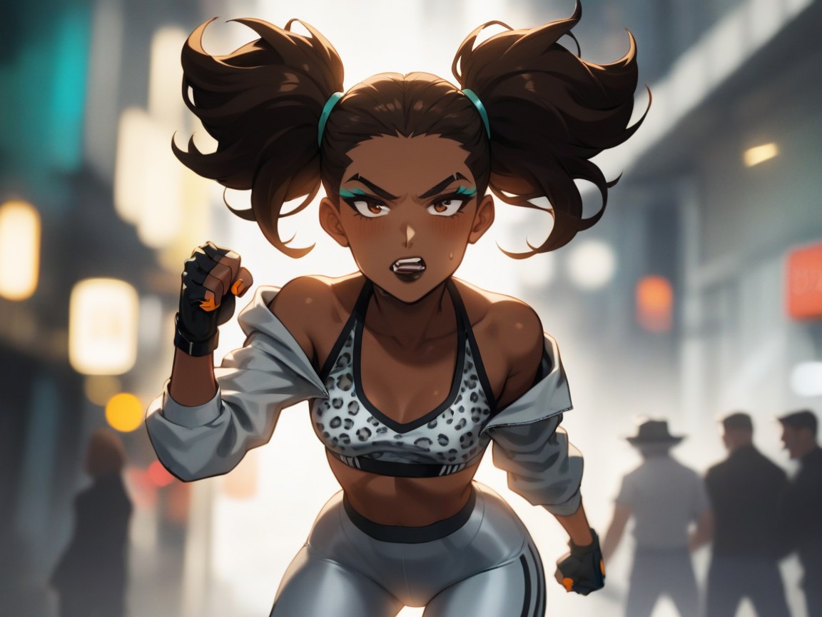 Sharp Brown Feline Eyes, City Alley Lighting, Pechos Pequeños Hentai IA