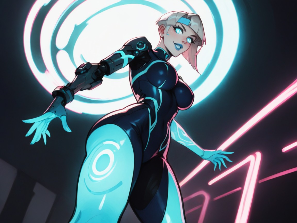 Tight Round Ass Cheeks, Wearing Blue Metallic Futuristic Clothes, Short Length Hentai AI Porn