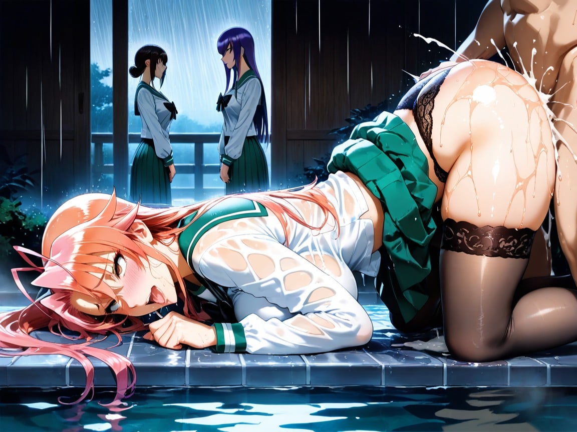 Miyamoto Rei Has Brown Eyes And Long Pink Hair With Hair Antenna, Black Bowtie, Long Green Pleated Skirt Hentai AI Porn