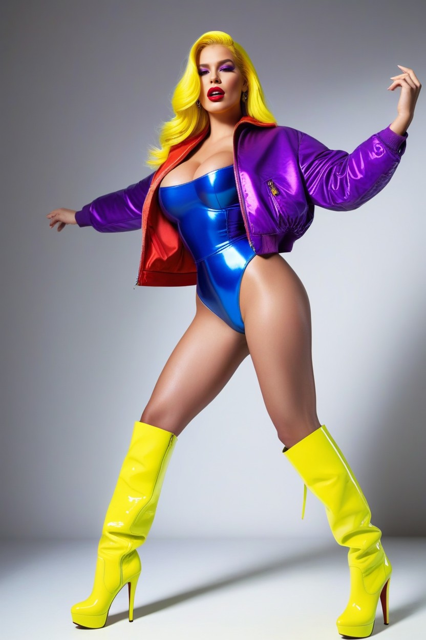 Open Yellow Jacket With Flowing Drapery Folds, Bright Color-saturated Facial Makeup, Skin Soft But Detailed AI Porn