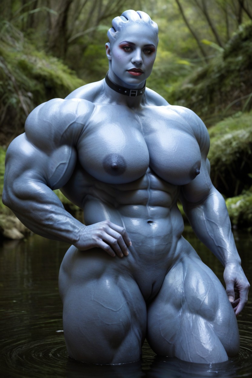 Blue Skin, Wide Hips, Gigantic Thick Muscles Cover Hole Body AI Porn