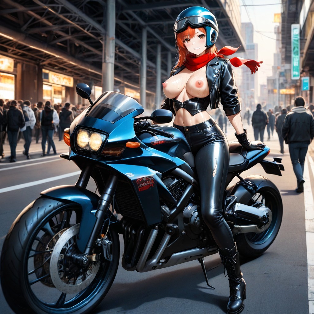 Breasts Exposed, Front View, Half Face Helmet Hentai AI Porn