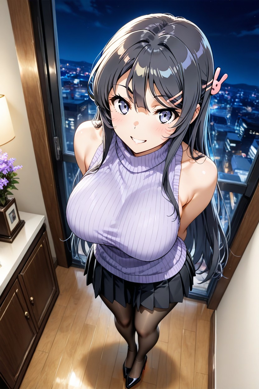 Lilac Sweater, Feet Together, Black Pleated Skirt Hentai IA