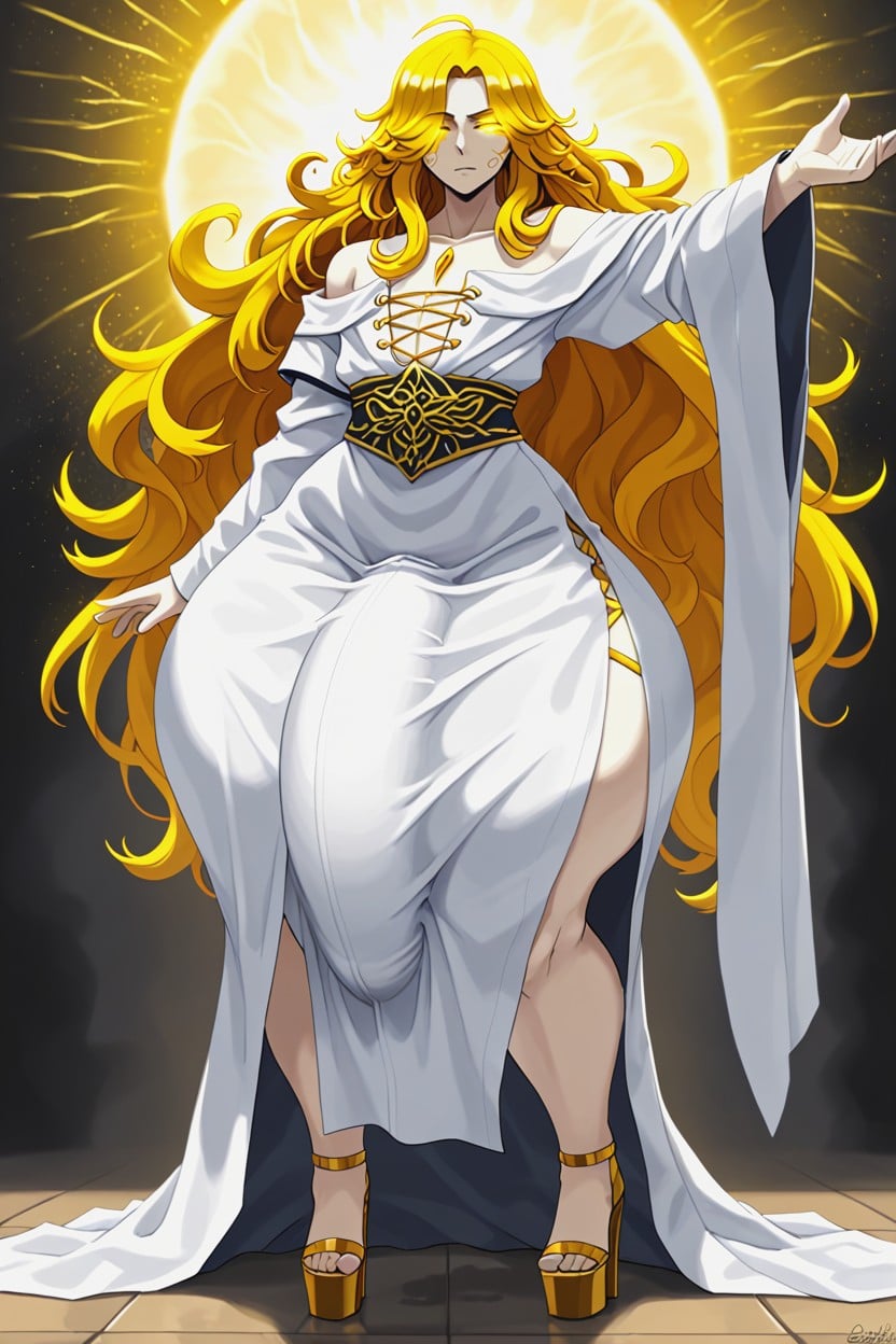 Man Chest, Impossibly Wide Hips, Simple Flowing White Robe Very Long Hair AI Gay Porn