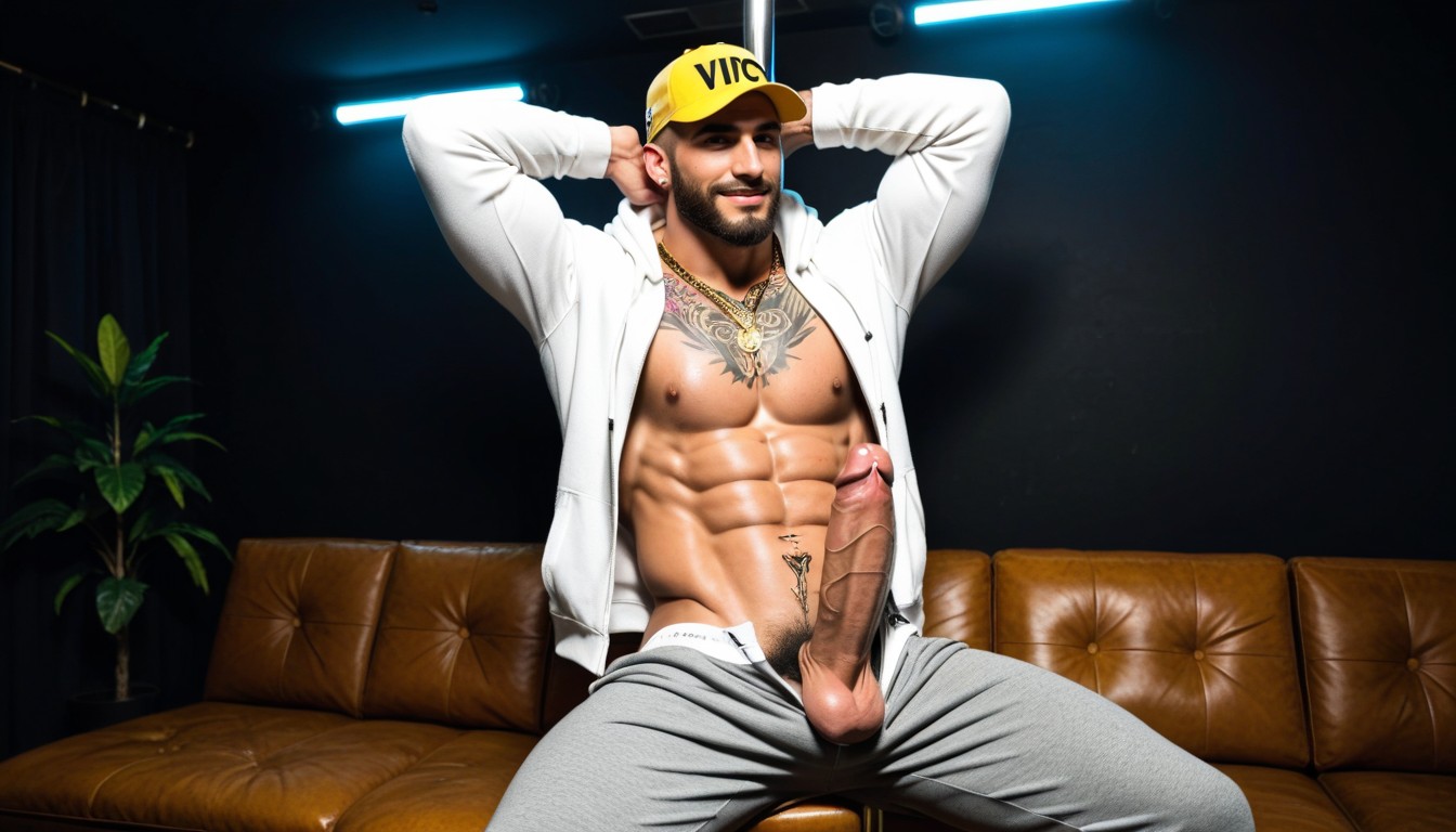 Pulling Up Hoodie, Black Background, Getting High AI Gay Porn