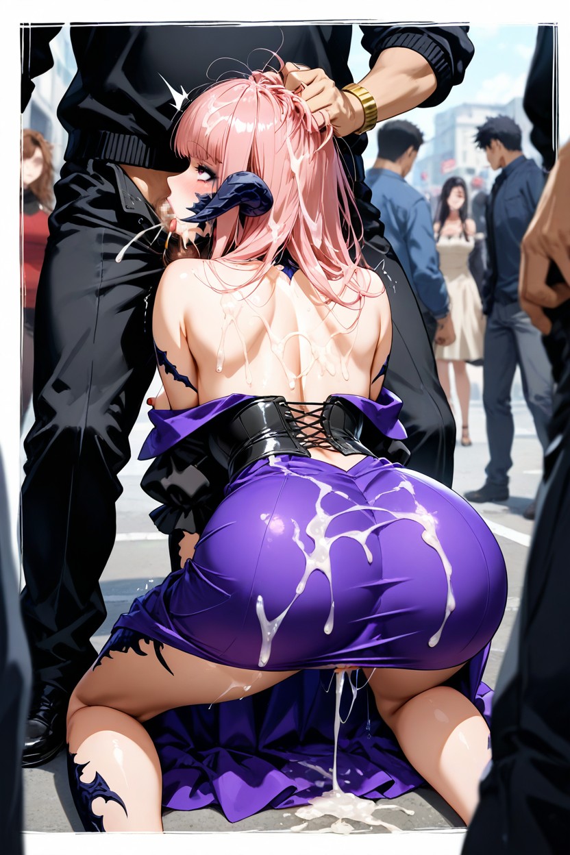 Pink Hair With A Black Streak, Cum On Chest, Men Take Hair For Push Her Head On Cock Hentai AI Porn