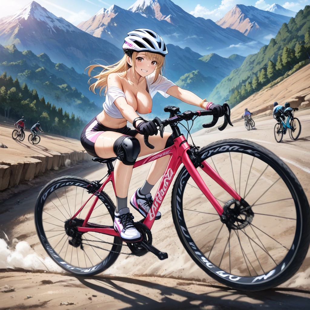 Oversized Bracelets, Bicycle Helmet, Medium Length Blond Hair Hentai AI Porn