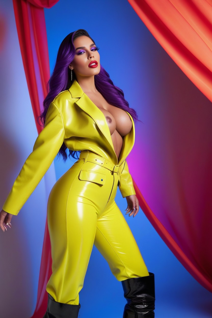 Metallic Reflective Purple Lips, Skin Soft But Detailed, Open Yellow Jacket With Flowing Drapery Folds AI Porn