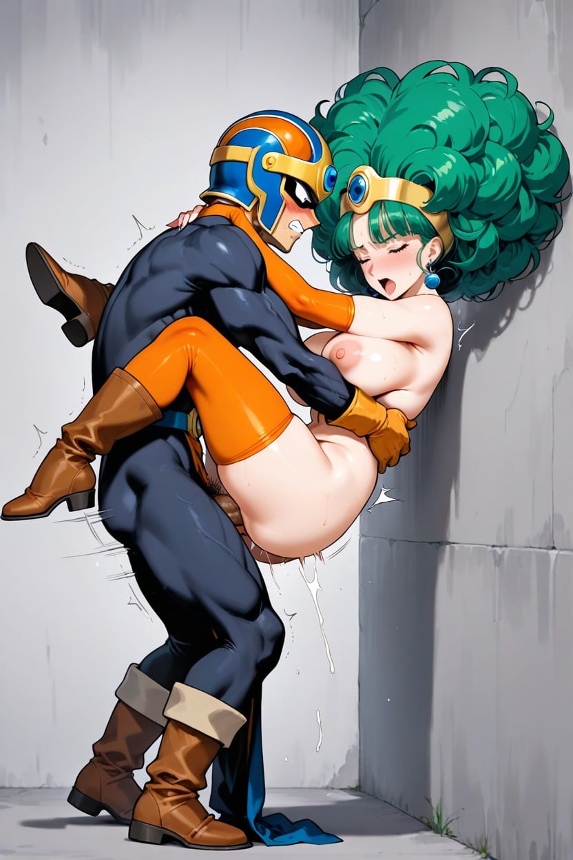 The Female Hero Is Wearing A Blue Bikini, The Male Hero Has A Long Permed Bob, Both Have Emerald Green Hair Hentai AI Porn