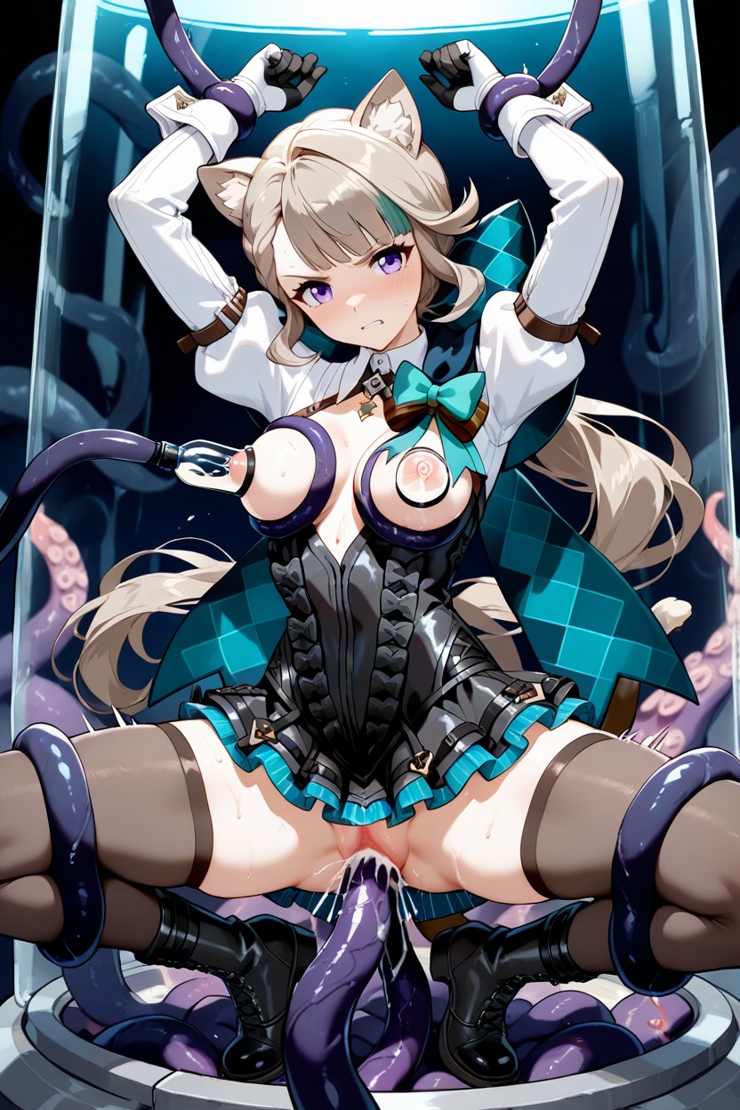 Layered Frilled Skirt With Teal Edges, Tentacles Grabbing Breast, Double Penetration Hentai AI Porn