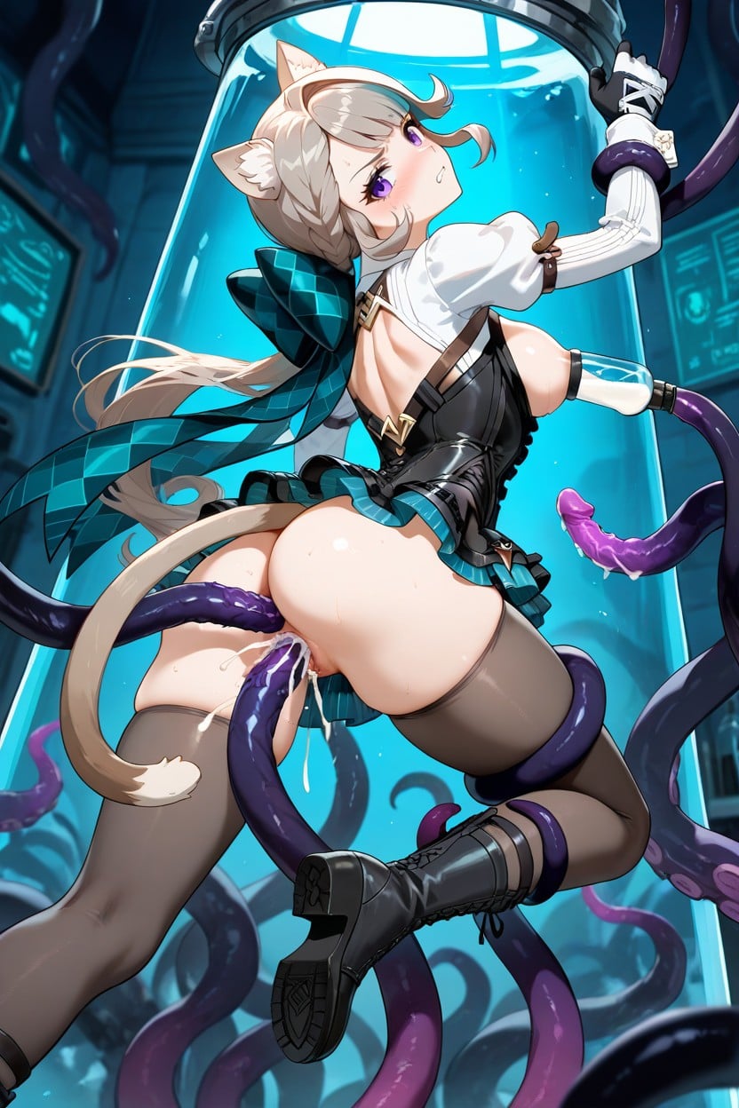 Head Tilt, Fucked By Huge Black Tentacles, Teal Bow On The Chest Hentai AI Porn