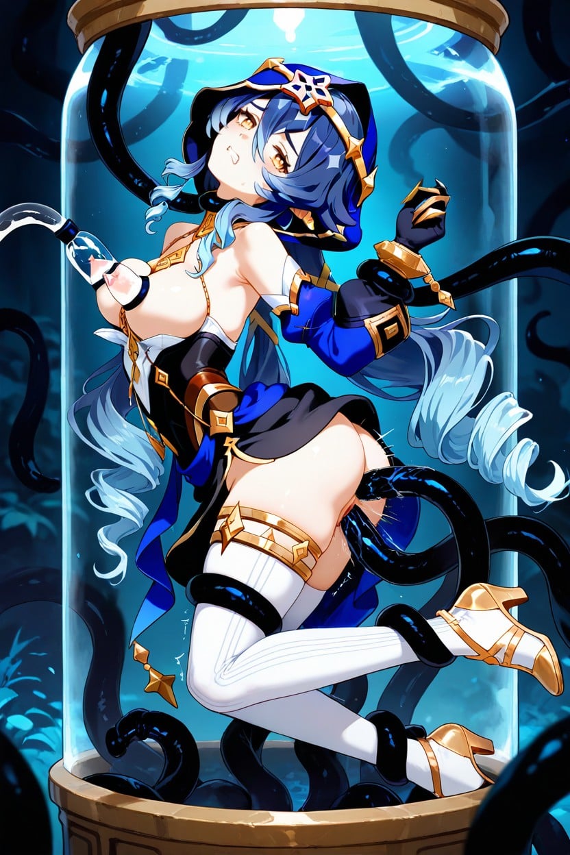 Disgusted, Deep Blue And White Color Scheme With Gold Accents, Tired Hentai AI Porn