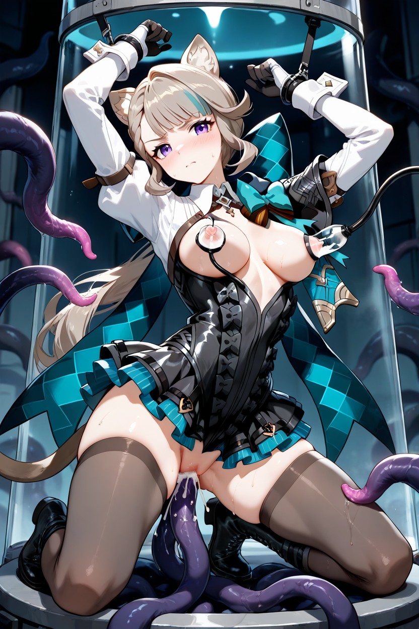 Layered Frilled Skirt With Teal Edges, Tentacles Around Body, Tentacles Around Belly Hentai AI Porn