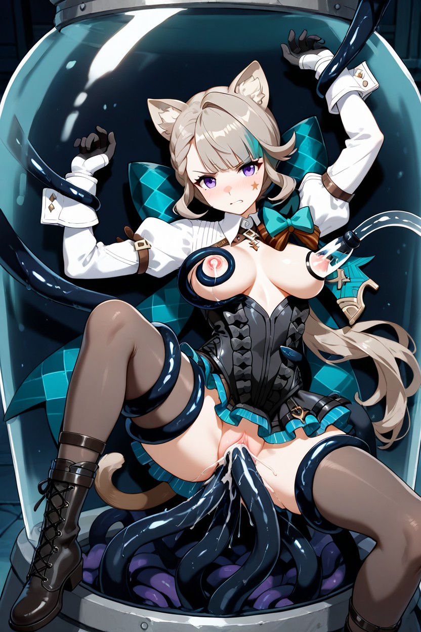 Black Tentacles Grabbing Waist, Corset-style Top With Buttons And Ribbons, Motion Lines Hentai AI Porn