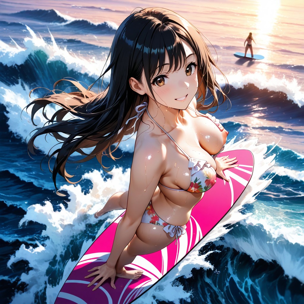 Looking At Viewer, Surfing On The Ocean, Breasts Exposed Hentai AI Porn