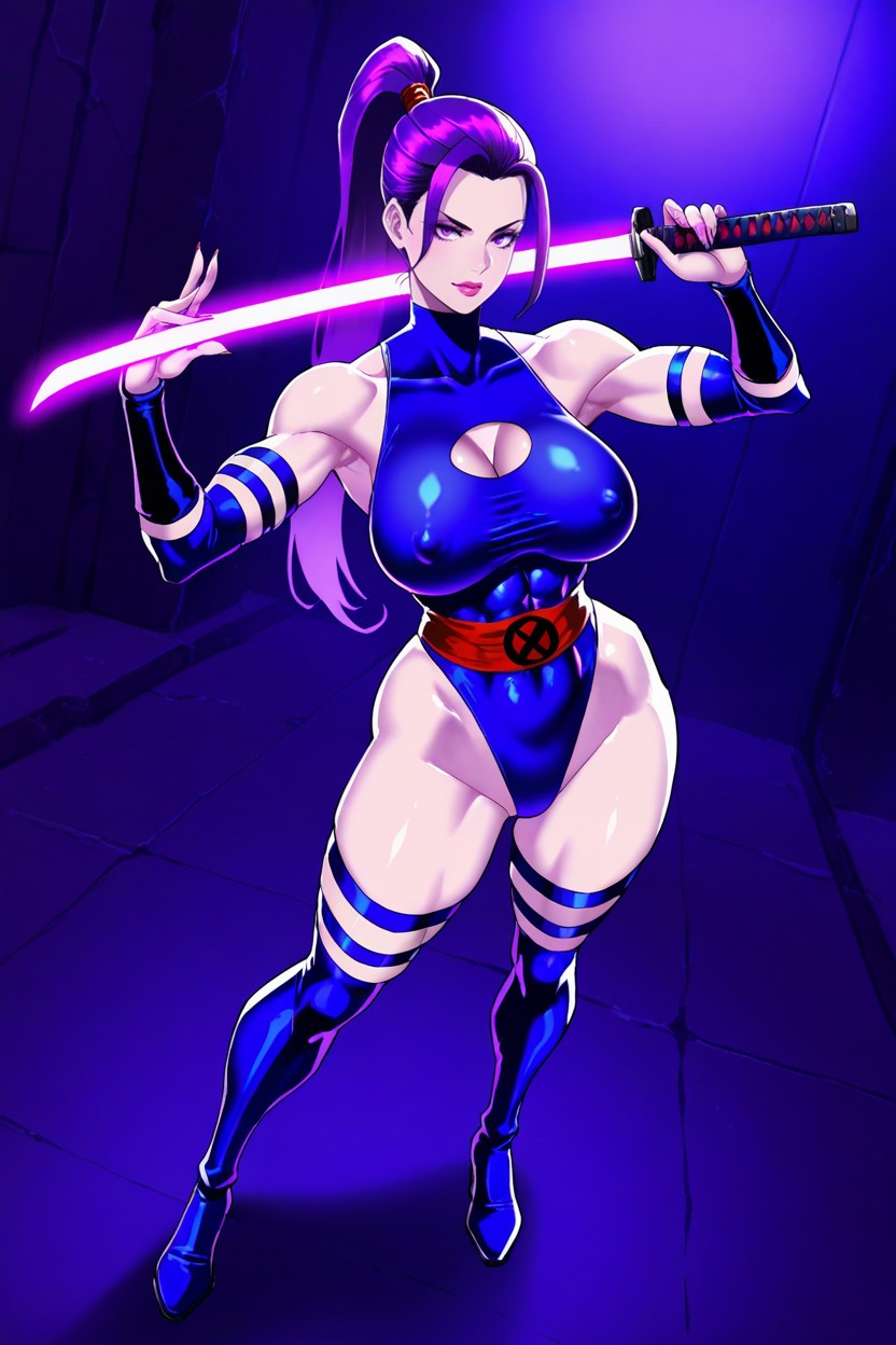 Purple Eyes, Open Top, Sleek Ponytail Hentai AI Porn