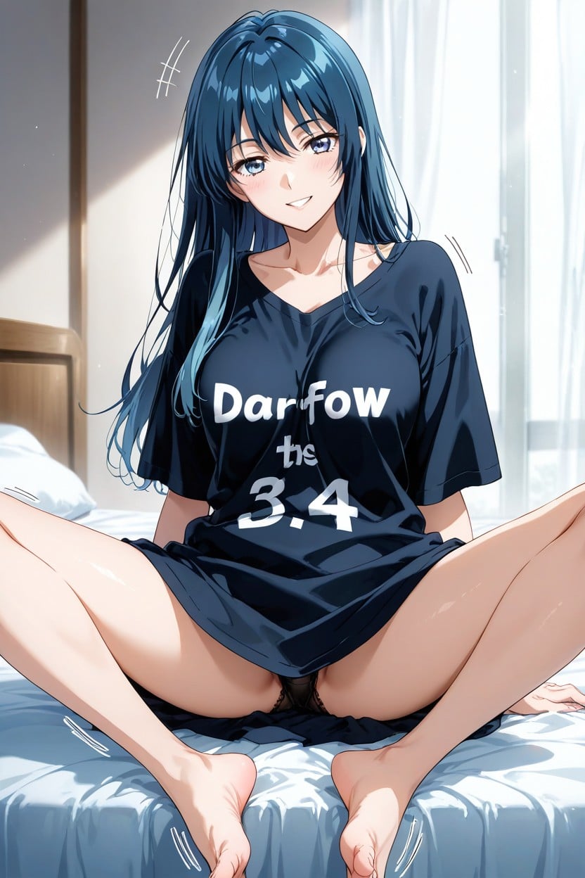 Motion Lines, Oversized T Shirt Without Bra, Blue Hair Hentai AI Porn
