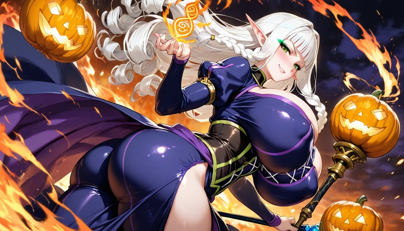 Green Eyes, Hair Bangs Yellow, Pumpkins Orbiting Her Break Intense Fantasy Glamour Hentai AI Porn