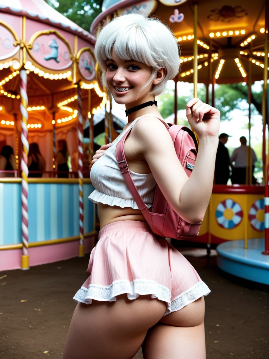Wearing Pink Backpack, Pixie Hair, Excessive Detail AI Porn