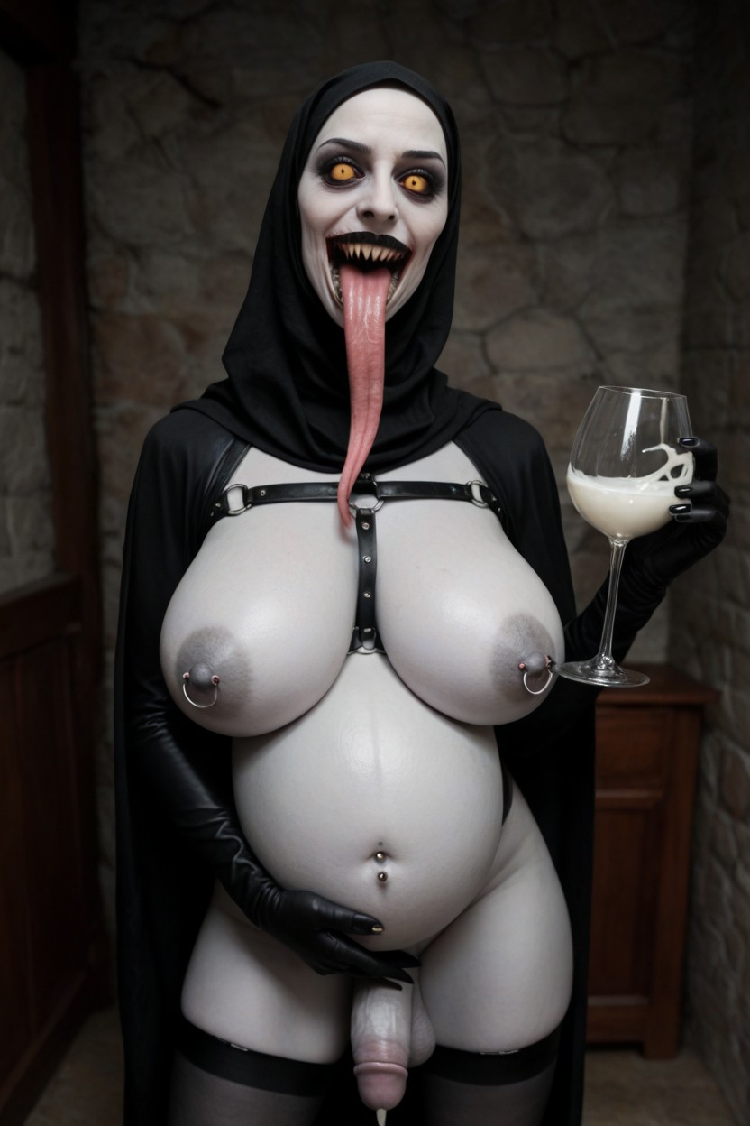 Waist Shot, Large, Long Pointy Sharp Teeth Shemale AI Porn