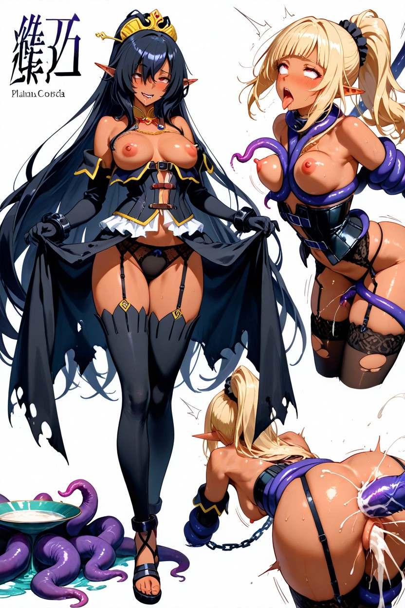 Platine Blonde Very Long High Ponytail, Tongue Out, Swarm Of Tentacles Wrapped Masterfully Long Legs Hentai AI Porn