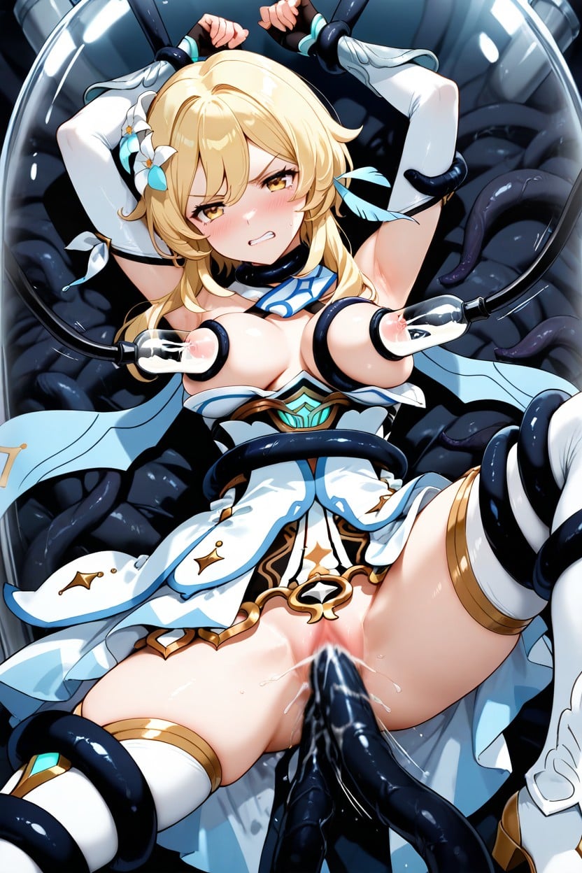 Blue Ribbon And Hair Accessory, Medium Breasts, Orgasm Hentai AI Porn