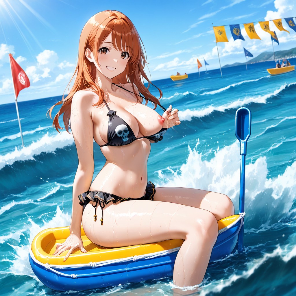 Looking At Viewer, On The Ocean, Floats Racing Lines On Water Surface Hentai AI Porn