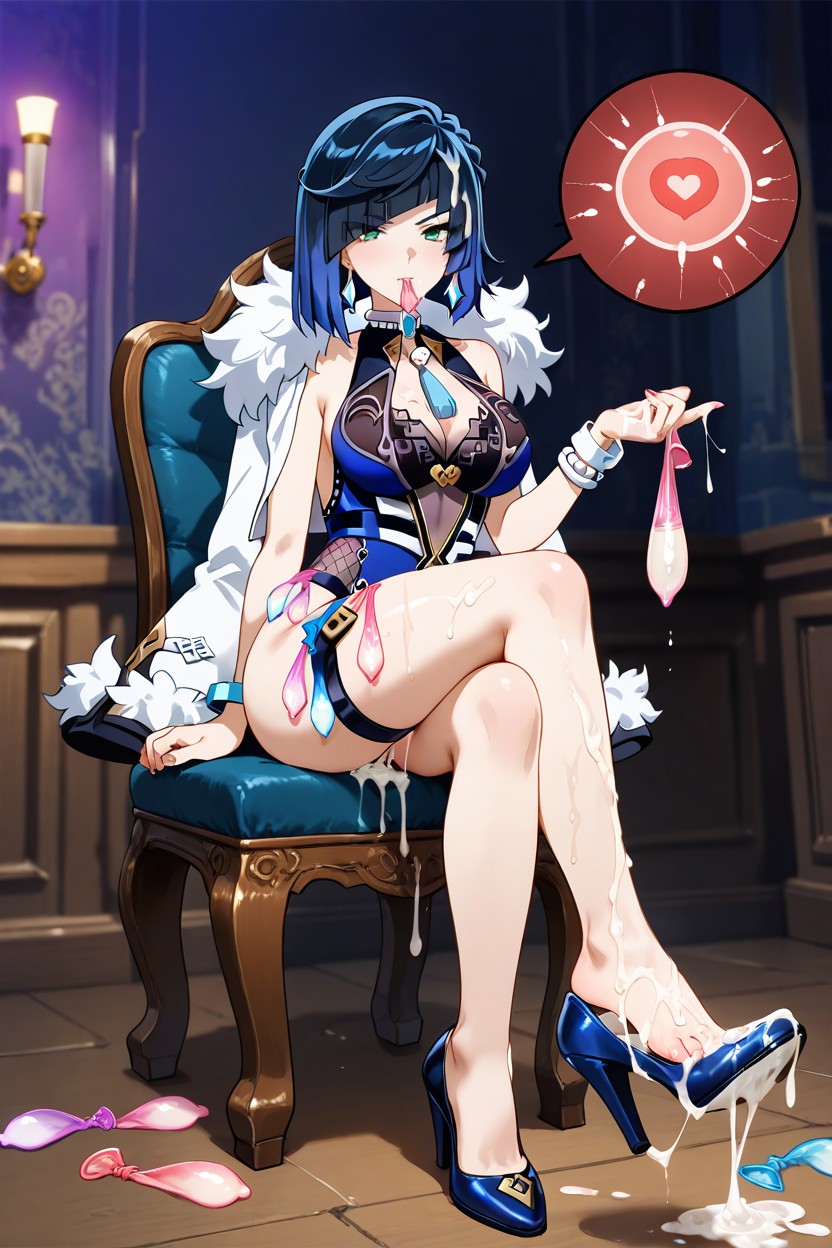 Style Anime, Yelan From Genshin Impact, A Lot Of Used Condom Hentai AI Porn
