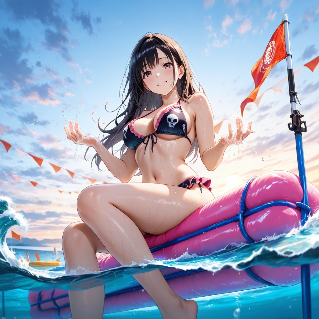 Looking At Viewer, Rubber Raft Floating Above Water, Skinny Hentai AI Porn