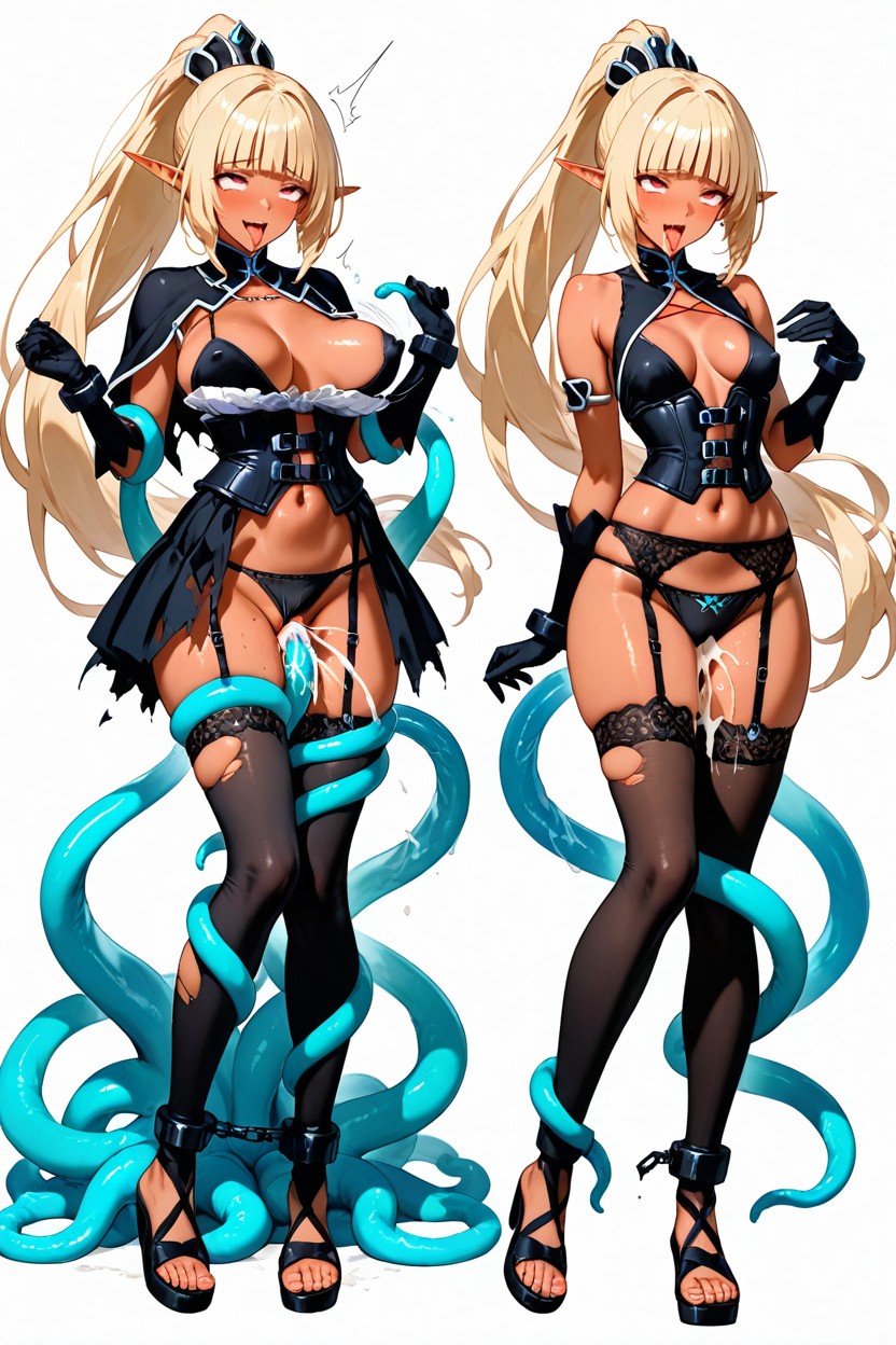 Dark Skin Elf, Small Ass, Erect Nipples Tentacles Under Outfit Hentai AI Porn
