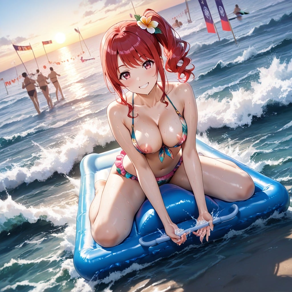 Many Spectators Around, Sexy Frilly Bikini Top With Hawaiian Print, Sweaty Skin ヘンタイAIポルノ