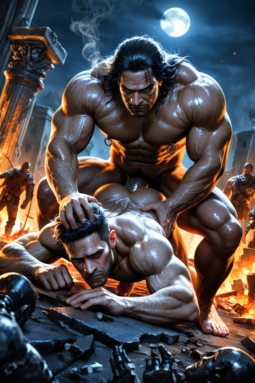 Two Men Having Anal Sex, Surrounded By Fire, Dystopian Atmosphere AI Gay Porn