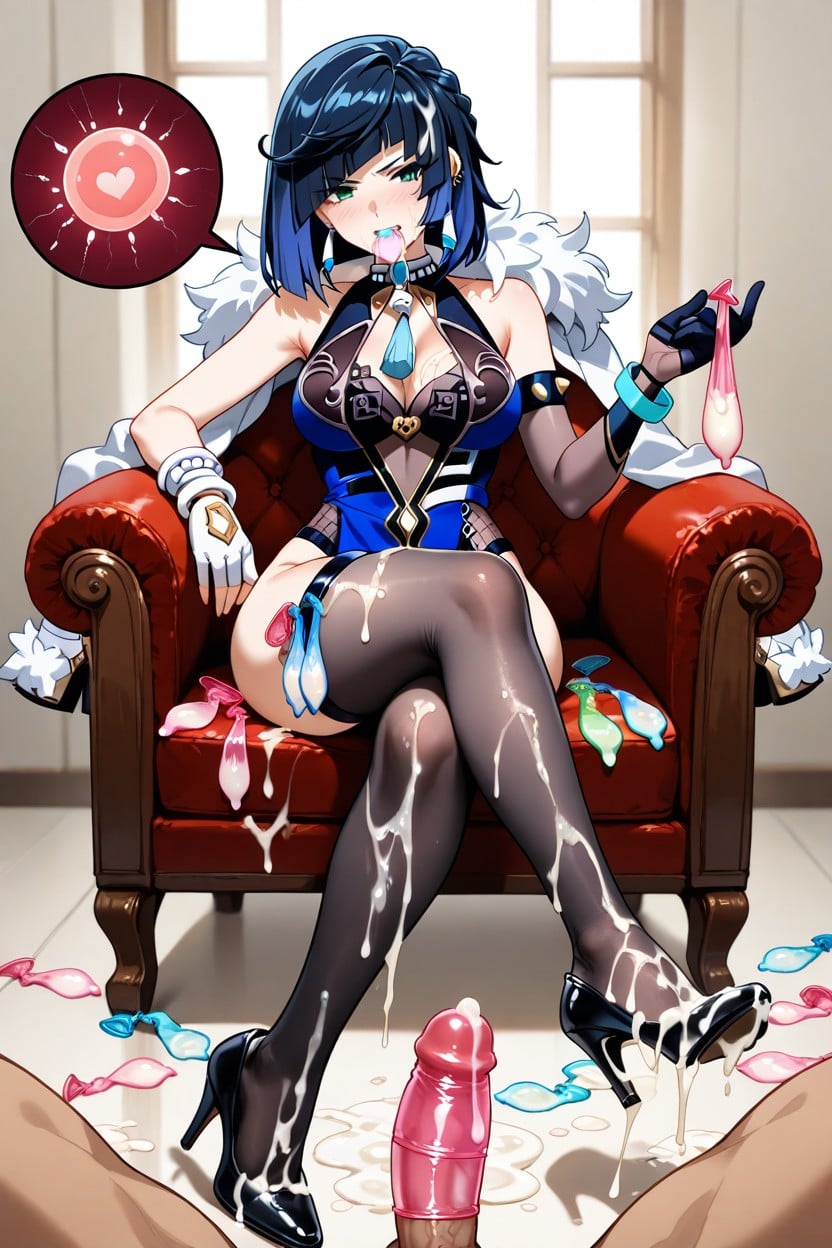 Foot Inside Semen Soaked High Heels, Legs Crossed, Holding Many Used Condom In Mouth Hentai IA