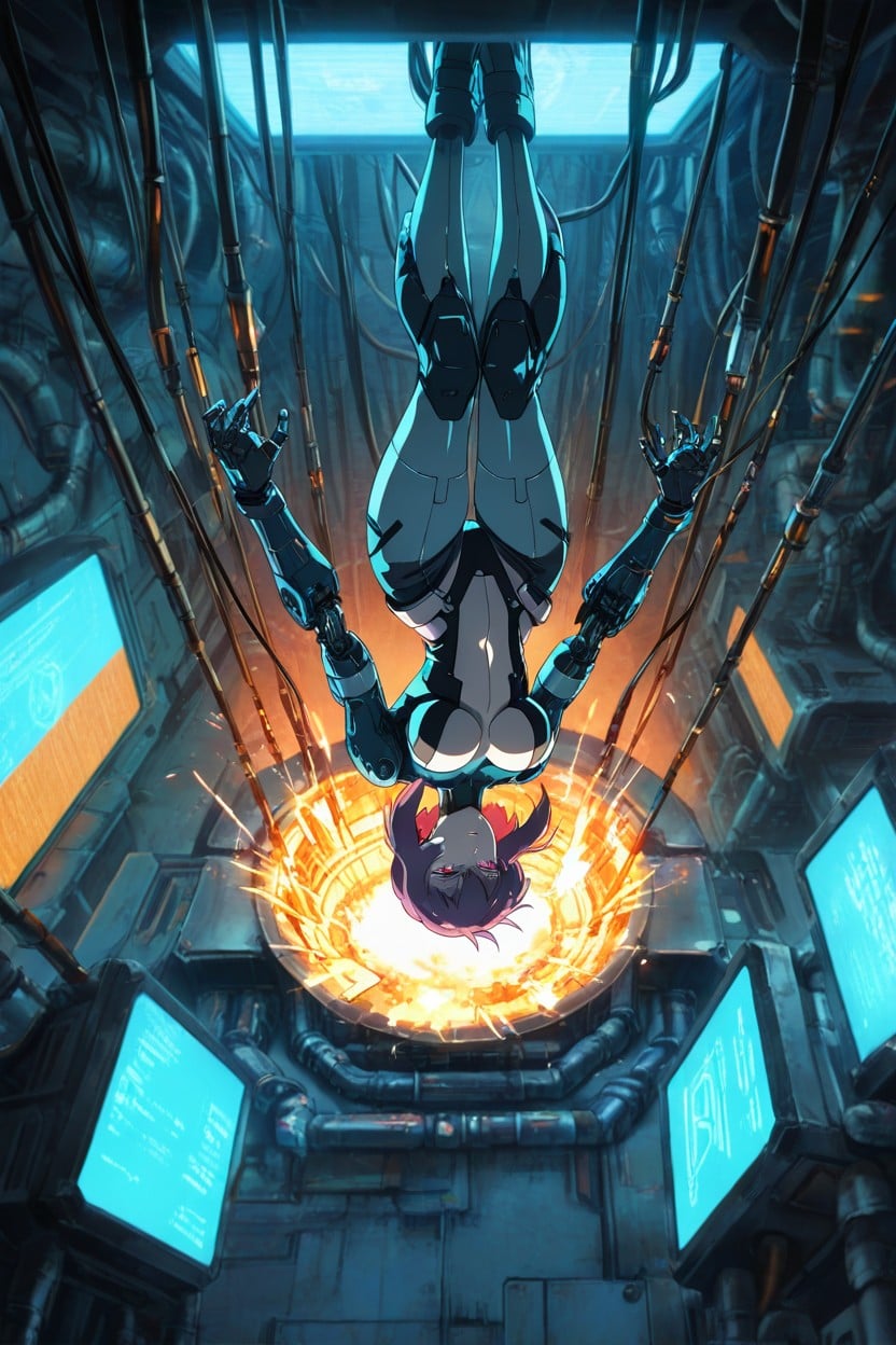 Retro Cyberpunk Anime, Orange Sparks Contrast, Suspended Face Down Hentai AI Porn