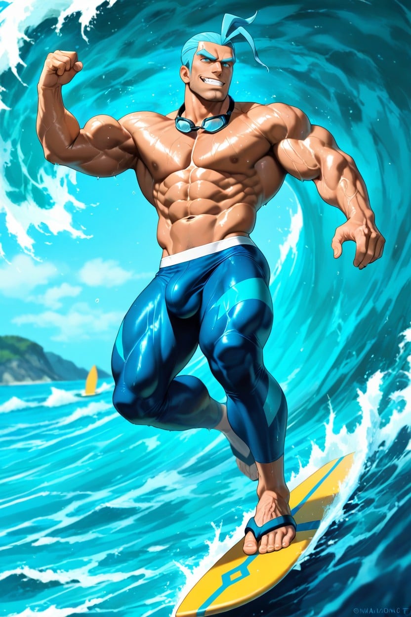 One Person, Penis Outline, Blue And Light Blue Striped Leggings Fom Waist To Feet AI Gay Porn