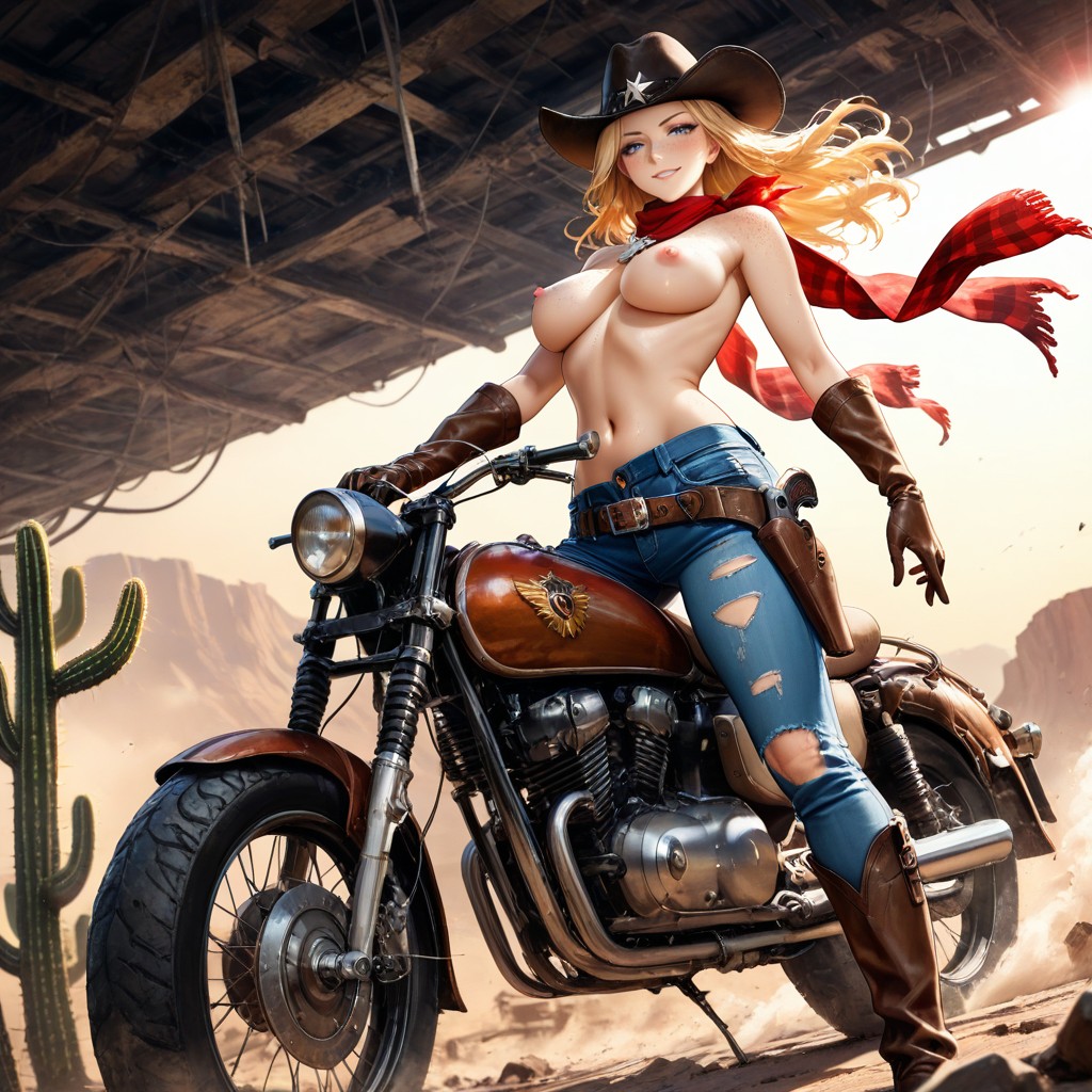 Black Cowboy Hat, Medium Breast, Wind Blowing Hair Hentai AI Porn