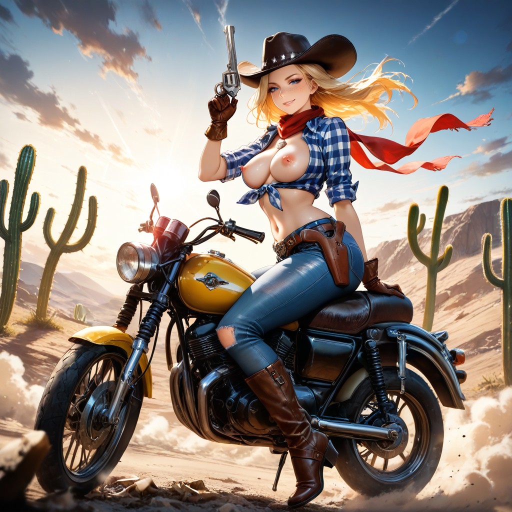Loose Waist Slung Belt Pistol Holster Belt, Silver Round Locket On Neck, Wind Blowing Hair Hentai AI Porn