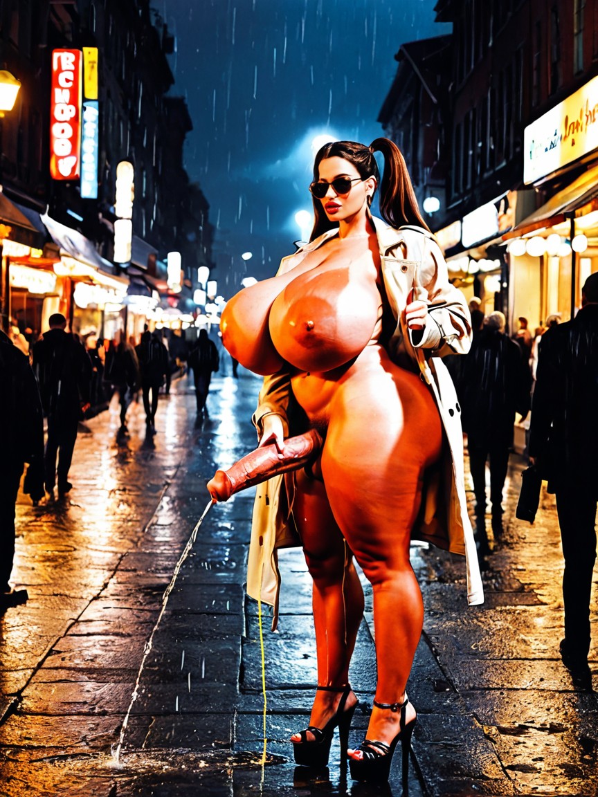 Opened Trenchcoat, On A Street, Flared Cock Shemale AI Porn