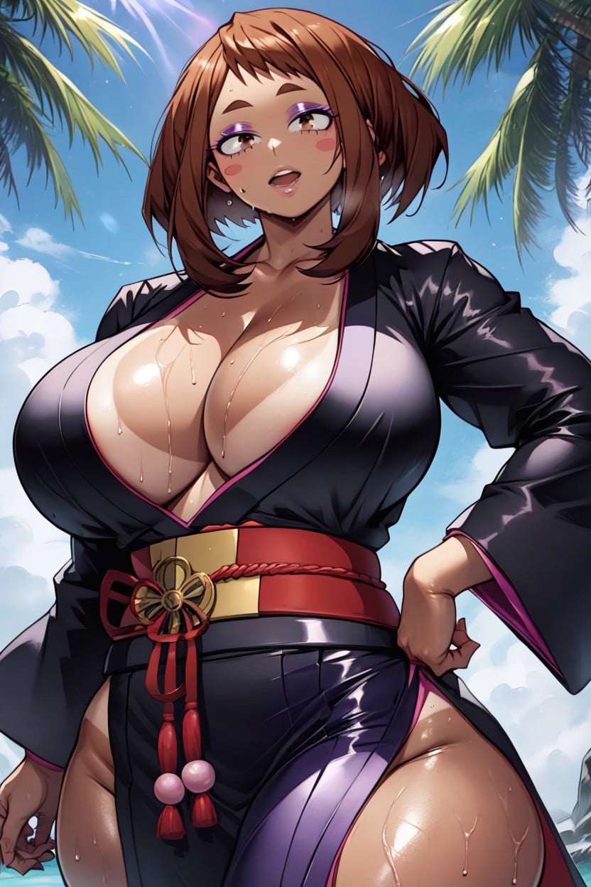 Purple Eyeshadow, Black Kimono, Ochaco Urarakamy Hero Academia Hentai AI Porn