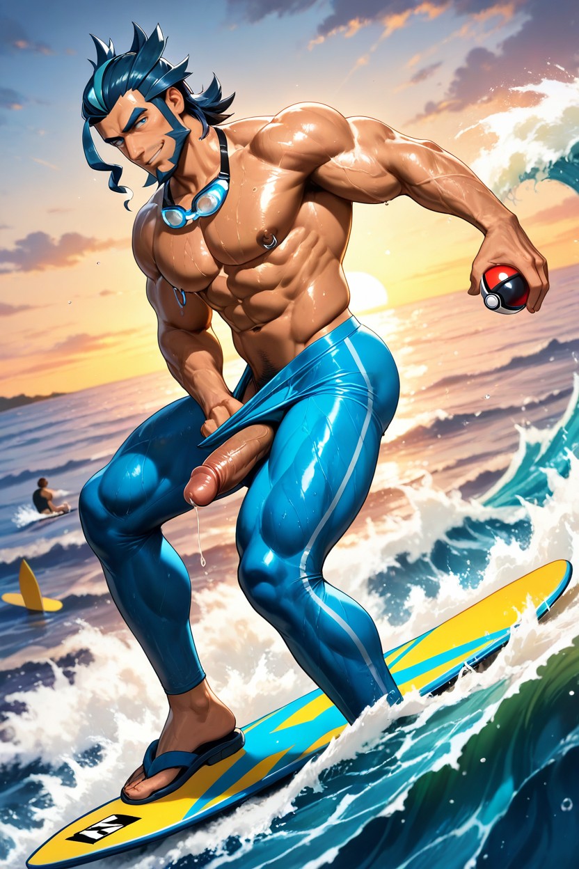 Yellow Surfboard, Exposed Thighs, Feet Are Peachy AI Gay Porn